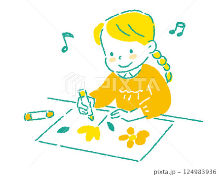 クレヨンで絵を書いている小さな女の子のイラスト 手描きタッチ クレヨンで絵を書いている小さな女の子のイラスト 手描きタッチ 124983936