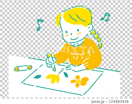 クレヨンで絵を書いている小さな女の子のイラスト 手描きタッチ クレヨンで絵を書いている小さな女の子のイラスト 手描きタッチ 124983936