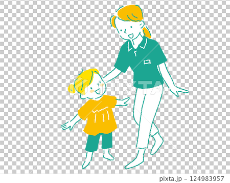 A happy illustration of a kindergarten teacher and a girl, hand-drawn 124983957