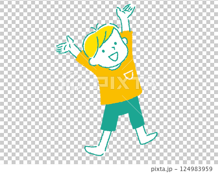 Hand-drawn illustration of a boy raising his hands in joy 124983959