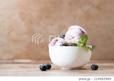 Blueberry yogurt ice cream with mint leaves. 124983969