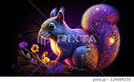 虹色に輝くリスと花々の夢幻世界。幻想的な森の妖精。 124984250