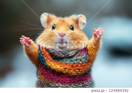 Hamster in colorful sweater celebrates winter home setting animal portrait cozy environment upbeat viewpoint cuteness concept 124984392