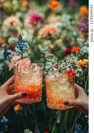 Celebratory cocktails toast flower field lifestyle photography outdoor eye-level joyful moments 124984443