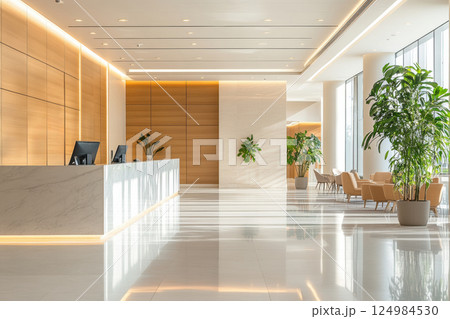 Elegant reception area in modern office building professional environment interior design bright and spacious ambiance 124984530