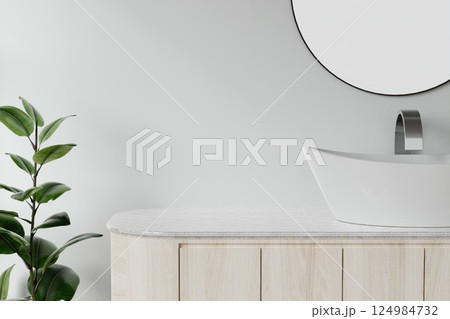 Stylish bathroom close-up with modern sink and round mirror, 3D render illustration. Stylish bathroom close-up with modern sink and round mirror, 3D render illustration. 124984732