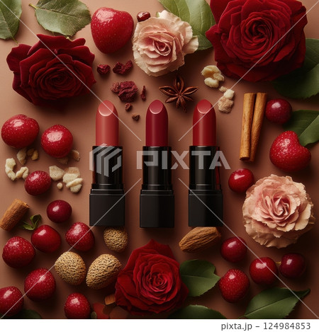 Luxurious lipstick collection surrounded by roses and delicate flowers beauty studio setting 124984853