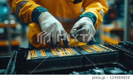 Industrial worker assembling battery packs in manufacturing facility close-up perspective 124984859