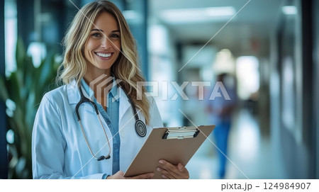 Healthcare professional smiling in hospital corridor portrait clinical environment positive vibes 124984907