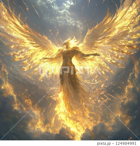 Ethereal wide angle majestic golden angel descends in digital spiritual awakening art 124984991