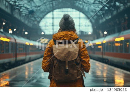 Traveler waiting at train station urban environment photography atmospheric mood 124985028