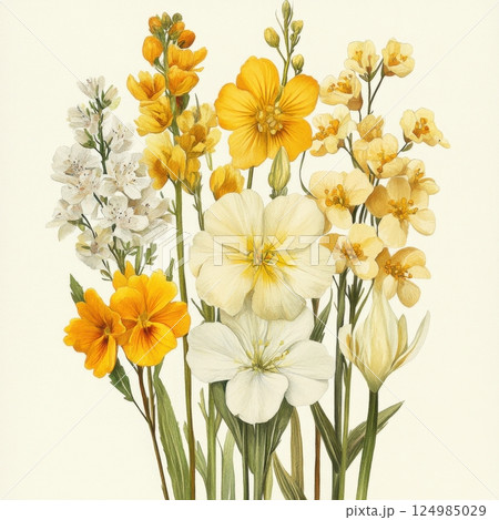 Vibrant flower arrangement botanical garden floral art bright colors close-up nature's beauty 124985029