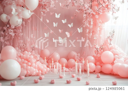 Wide angle photography of romantic pink balloon decor in an enchanting celebration space 124985061