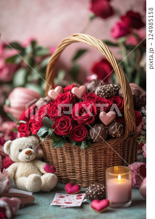Romantic gift basket with roses and chocolates cozy setting still life soft lighting love concept Romantic gift basket with roses and chocolates cozy setting still life soft lighting love concept 124985158