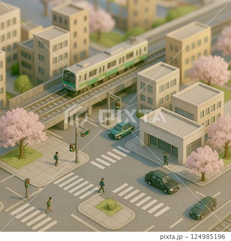 桜並木と通勤風景を描いた都市ジオラマ・ミニチュア風イラスト 124985196