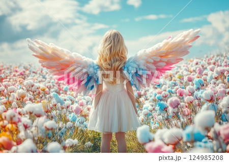Girl with colorful wings flower field fantasy scene outdoor back view imagination and wonder 124985208