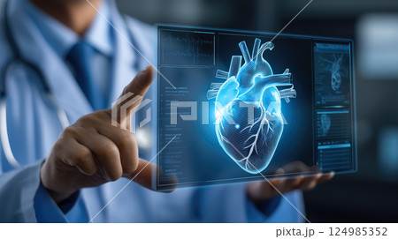 A doctor holds a glowing heart holographic in their hands. The concept of advanced medical technology, cardiology innovation, and digital healthcare solutions. Generative AI. 124985352