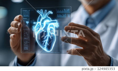 A doctor holds a glowing heart holographic in their hands. The concept of advanced medical technology, cardiology innovation, and digital healthcare solutions. Generative AI. 124985353