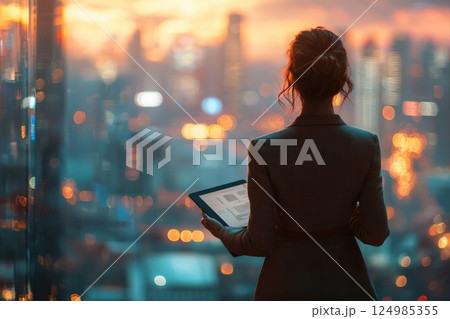 Businesswoman analyzing data city skyline digital workspace evening glow professional perspective urban innovation 124985355