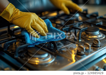 Cleaning kitchen gas stove home how-to guide domestic close-up maintenance tips 124985429