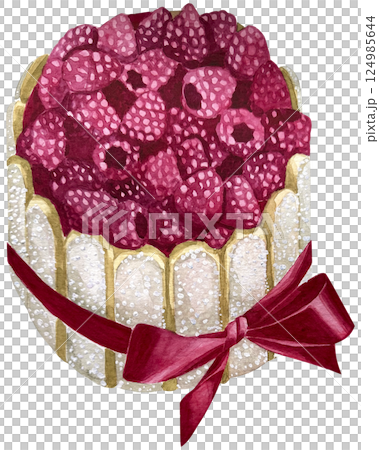 Watercolor illustration raspberry cake with a pink ribbon, element design great for cards, banners, headers, party posters or decorate your artwork. 124985644