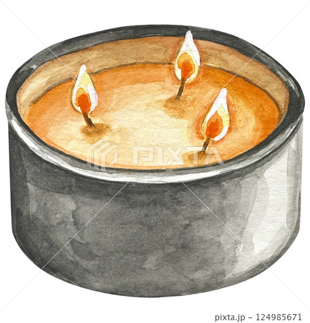 Warming candle with fire, hand drawn illustration. Candle watercolor illustration design. Element design for invitation, cards, social post, ad, cover, sale banner, invitation and decorate artwork. 124985671