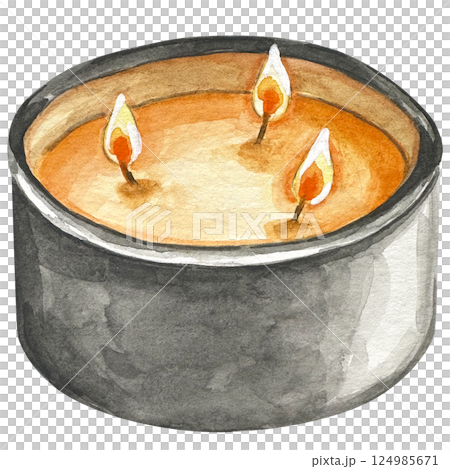 Warming candle with fire, hand drawn illustration. Candle watercolor illustration design. Element design for invitation, cards, social post, ad, cover, sale banner, invitation and decorate artwork. 124985671
