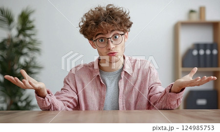 Young Man with Curly Hair and Glasses Expressing Confusion in a Modern Office Setting 124985753