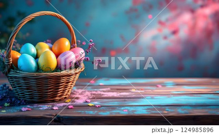 A basket full of decorative Easter eggs is presented on a wooden table A basket full of decorative Easter eggs is presented on a wooden table 124985896