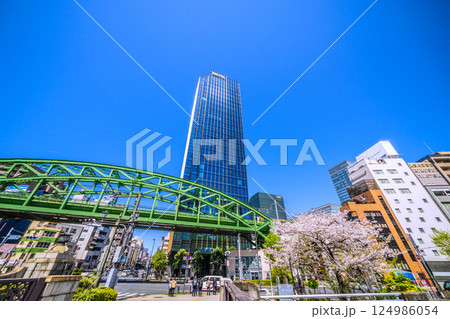 日本の東京都市景観　昌平橋交差点の上に架かる総武本線松住橋架道橋を走る総武線や超高層ビル、桜など 124986054