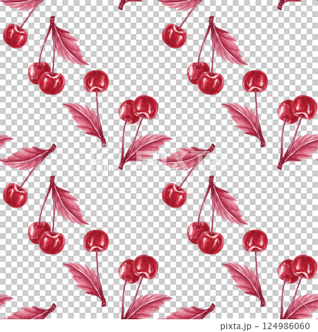 Seamless pattern with sprig of two cherries with leaf. Monochrome Cherry twigs. Watercolor illustration isolated on white repeat background. Red berries for textile, packaging liqueur, tincture, jam 124986060