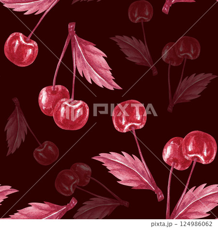 A sprig of two cherries with leaf. Monochrome Cherry twigs. Seamless pattern. Watercolor illustration isolated on dark maroon background. Red berries for textile, packaging liqueur, tincture, jam 124986062