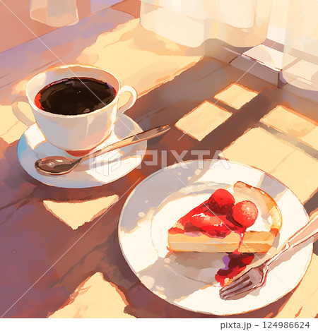 油彩タッチの窓際のテーブルに乗ったいちごのタルトとコーヒーの正方形サイズイラスト 油彩タッチの窓際のテーブルに乗ったいちごのタルトとコーヒーの正方形サイズイラスト 124986624