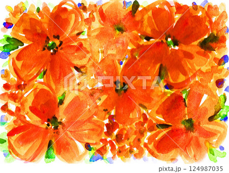 水彩で描いたイエローオレンジの花柄25413pix8 124987035