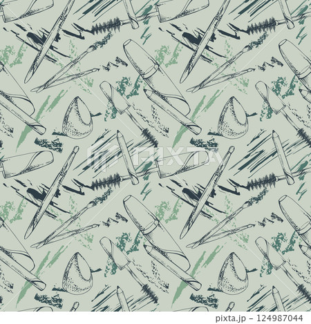 Make-up mascara tube smudge eyebrow eyelash pencil crayon liner, sponge brush. Isolated seamless pattern, detailed vector sketch, ink hand drawn. Beauty parlor, packaging, cosmetics shop illustration Make-up mascara tube smudge eyebrow eyelash pencil crayon liner, sponge brush. Isolated seamless pattern, detailed vector sketch, ink hand drawn. Beauty parlor, packaging, cosmetics shop illustration 124987044