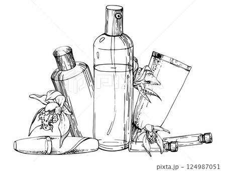 Spray mist bottle perfume cologne samplers, cream tube, bath gel shampoo, exotic orchid flowers. Line vector hand drawn ink sketch, isolated composition. Beauty parlor illustration, cosmetics shop. 124987051