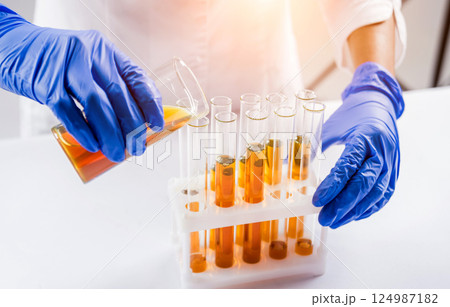 Scientist pouring organic oil. Beauty and cosmetics sciences.  124987182