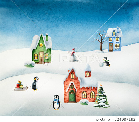 Winter new year scene. Penguin with snowball for making snowman, decorating the Christmas tree, snow-covered house. Santa Claus riding in red sleigh with bag of gifts in the sky. Deer, reindeer, fawn 124987192