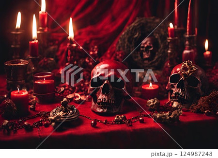 血塗られた頭蓋骨が置かれた不気味な祭壇 血塗られた頭蓋骨が置かれた不気味な祭壇 124987248