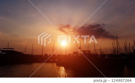 Beautiful view of marina and harbor with yachts and motorboats.  124987264