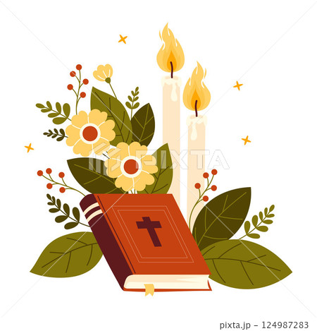 Religion and Faith. Holy Scriptures, Book Bible with burning candles, flowers and leaves. Vector Illustration for religious holidays. Universal symbol of Spiritual Life, hope, light and faith 124987283