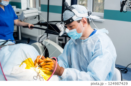 Brain surgery. Group of surgeons in operating room with surgery equipment. Brain surgery. Group of surgeons in operating room with surgery equipment. 124987429