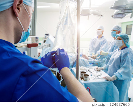 Arthroscope surgery. Orthopedic surgeons in teamwork in the operating room 124987660