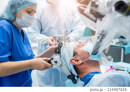 Brain surgery. Group of surgeons in operating room with surgery equipment. 124987826