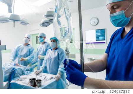 Arthroscope surgery. Orthopedic surgeons in teamwork in the operating room 124987857