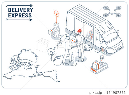 Isometric illustration of a global delivery shipping service provides smart logistics for export, import, and local distribution, delivering online orders from couriers directly to homes worldwide. Isometric illustration of a global delivery shipping service provides smart logistics for export, import, and local distribution, delivering online orders from couriers directly to homes worldwide. 124987883