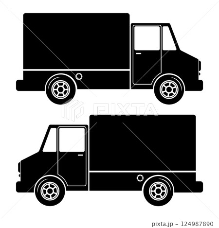 Silhouette Delivery Truck Vector Illustration. Black and white silhouette vector illustration of a box delivery truck viewed from the side. 124987890