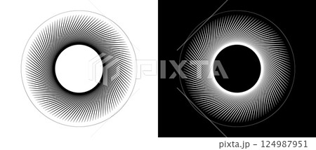 Art sun concept background. Tattoo template or logo with lines. Black shape on a white background and the same white shape on the black side. 124987951