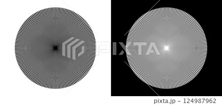 Art sun background. Design element template or logo, icon with lines. Black shape on a white background and the same white shape on the black side. 124987962