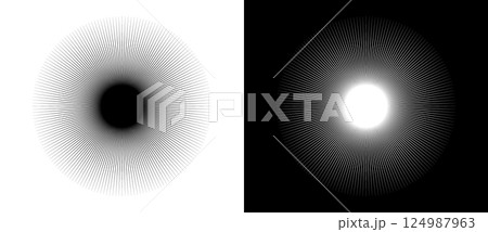 Art sun background. Design element template or logo, icon with lines. Black shape on a white background and the same white shape on the black side. 124987963